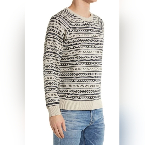 MARINE Layer Mens Knox Fair Isle Crewneck Sweater Medium Cream/Black Iris - Picture 4 of 6